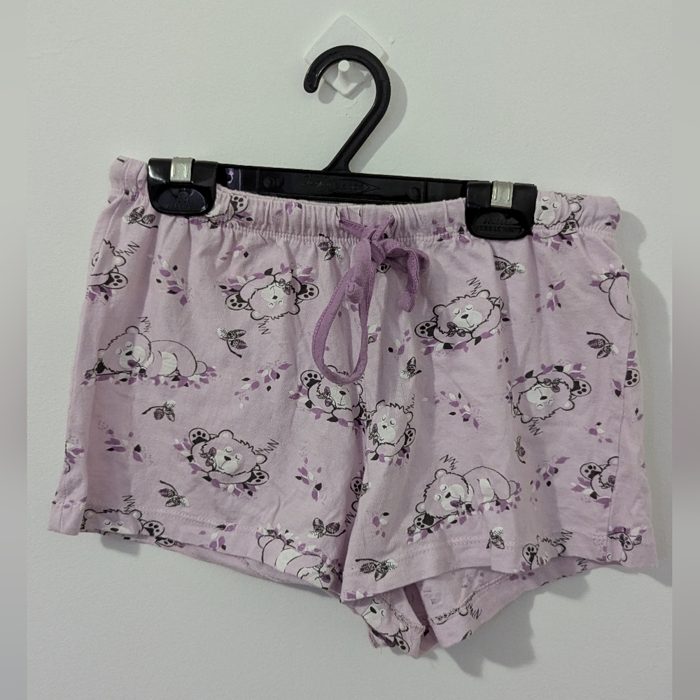 Purple and White Pajama Shorts with Elastic Waistband and Cartoon Dog Print